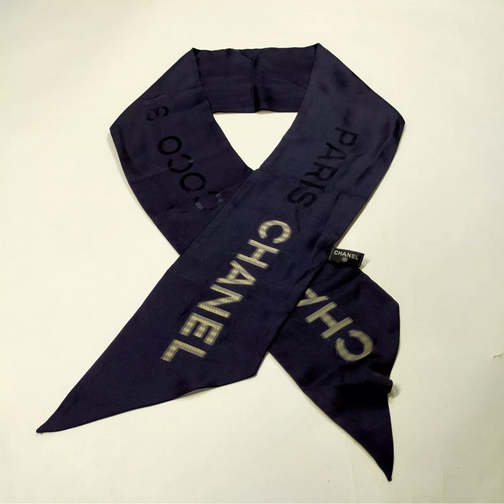 Authentic Chanel Mitzah Scarf Navy Blue Navy Blue Multi Color polyester Preowned